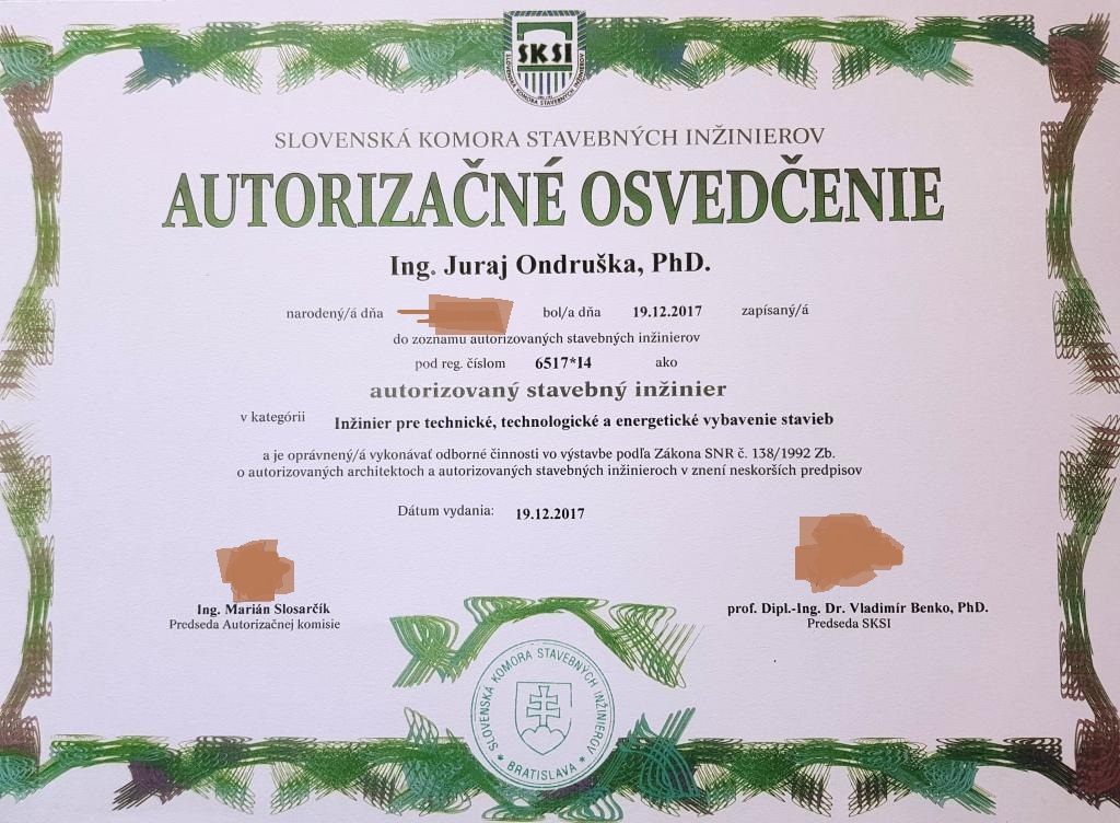 Autorizačné osvedčenie SKSI – Ing. Juraj Ondruška, PhD.